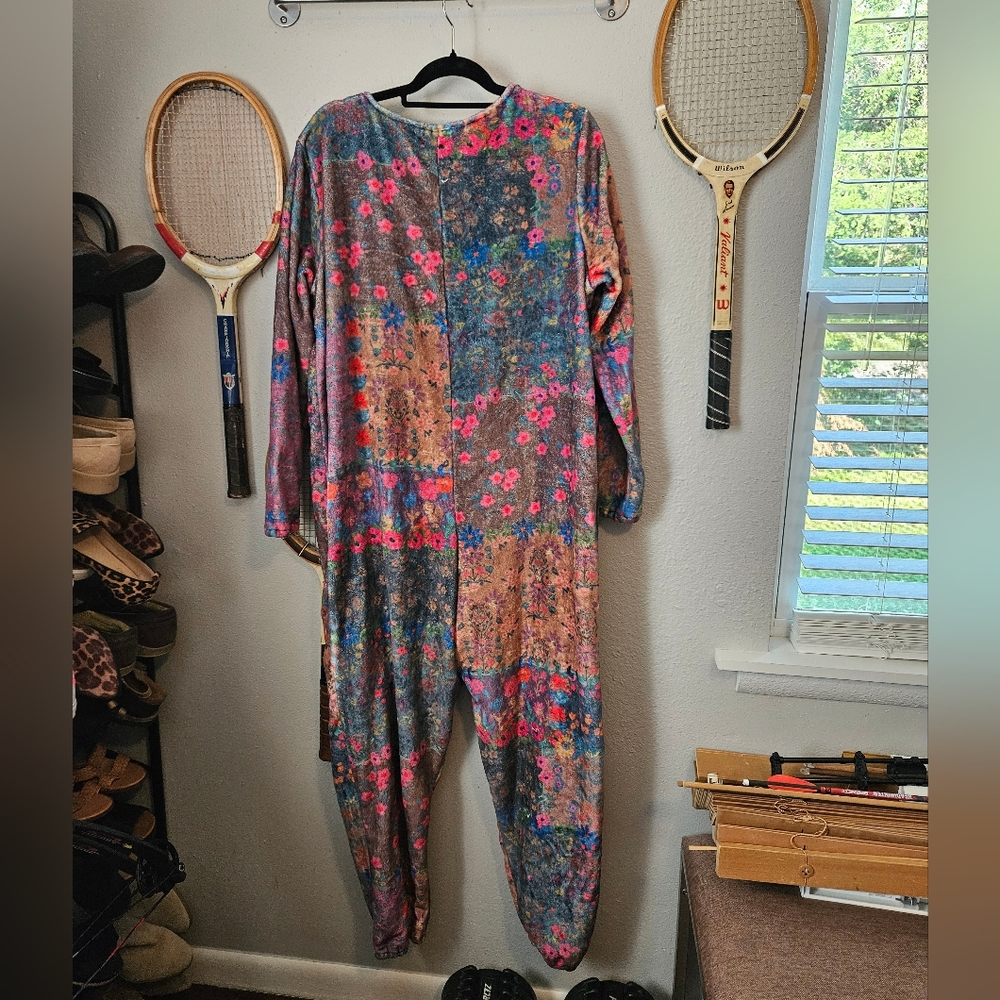 Natural Life Fleece One Piece Jumpsuit Zip Up Floral PJ's Colorful Boho Size L - Picture 4 of 4